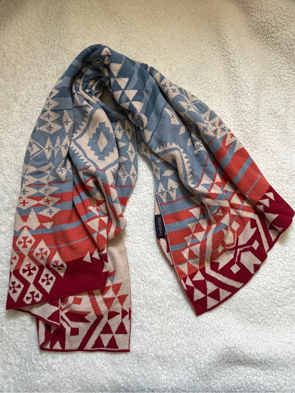 Pendleton Aztec Jacquard Knit Scarf in Blue, Coral & Burgundy